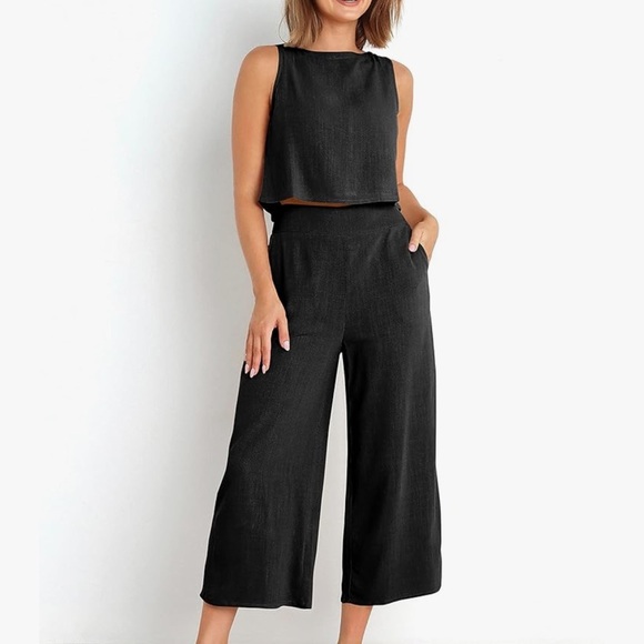 Pants - ANRABESS Summer 2 Piece Outfits Sleeveless Crop Top Black Wide Leg Pants Linen M